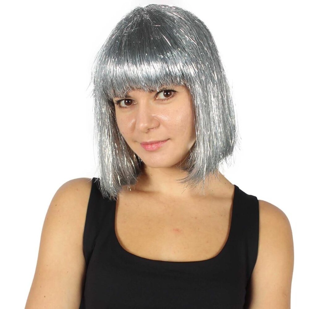 New HPO Adult Women's Tinsel Bob Wig Collection | Silver Color
